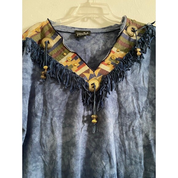 Philip Noel Blue Tie Dye Western One Size T-Shirt with Fringe and Gold Accents - Picture 2 of 5